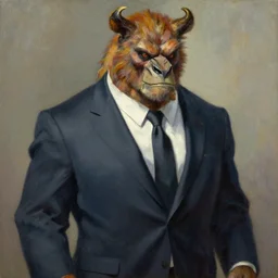 Beast  in a business suit  from the X-Men oil painting by Lucian Freud