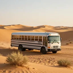 silver school bus in the desert by hot springs, sand dunes, sage brush, golden hour, ultra detailed, 8 k, trending on artstation, award - winning art,