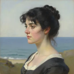 portrait of a woman!!! black hair! victoria era haircut! overlooking the sea!!! by jane atche - h 8 0 0