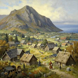 ultra realistic landscape of viking village, by thomas kinkade and greg rutkowski