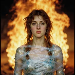 a closeup portrait of a woman wearing wrapped in plastic, standing in front of jupiter in flames, color photograph, by james abbott mcneill whistler, canon eos c 3 0 0, ƒ 1. 8, 3 5 mm, 8 k, medium - format print