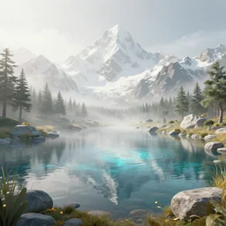 a beautiful 3 d render of a pond, perfect, hazy, volumetric lighting, snowy summits in the background, very detailed, serene, cirrus, cyan accents, gold accents, washed out colors, photorealistic, master level composition, raytracing