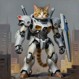 a highly detailed painting of an anthropomorphic humanoid cat mecha posing in a city by moebius, paul lehr, mech warrior, trending on artstation, national geographic, 4 k, 8 k, highly detailed, sharp, oil on canvas