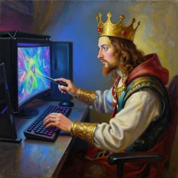 a painting of the king playing Fortnite on a RGB PC gamer, oil on canvas, painted by Botticelli