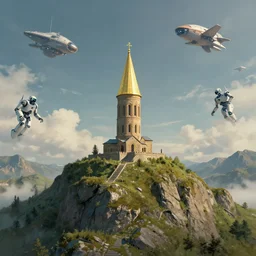 georgian custle on the top of a hill in the future with robots and spaceships in the sky, by greg rutkowski