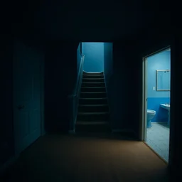 dark nostalgic empty house at night with stairs in the middle and doors on either side, one door is closed and the door on the right is open to a blue bathroom, tan carpet