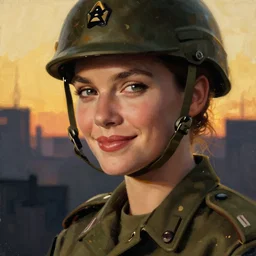 closeup portrait of a kate beckinsale, seductive smile, soldier, army chiaroscuro, city background, golden hour, dramatic lighting, complementary contrast, high detail, painted by greg rutkowski, painted by igor kieryluk, trending on artstation