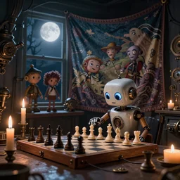 a beautiful tapestry, a small robot playing chess, ultra detailed, subtle atmospheric lighting, shadows, night time, moon light shining through a window, steampunk, moody, candles, characters from machinarium, by don bluth, trending on artstation, octane render, 8 k, ultra realistic