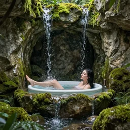 A very beautiful picture. Stone grotto overgrown with moss. Water flows along the walls of the cave. A succubus woman takes a bath. Octane render. maya render. Photorealism. High detail. artstation trends. Wow. 4k. - n4