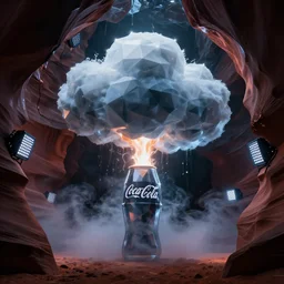 tiny thunder cloud inside a low - poly coca cola ice cavern, dark fluid simulation, dark scene illuminated by led screens, backdrop by johfra bosschart, antelope canyon, high contrast, octane render, ray - tracing, specular highlights, volumetric fog, trending on artstation, 6 k, wallpaper