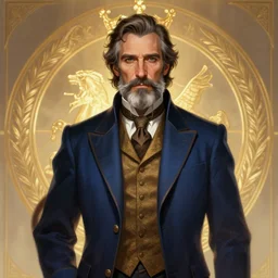 centered detailed long shot character concept of a distinguished gentleman with a salt and pepper goatee, realistic character concept, elegant proportions, vibrant colours, elegant pose, fantasy, illustration, a hint of gabe newells face without the glasses, artstation, cinematic lighting, hyperdetailed, cgsociety, 8k Resolution, high resolution, Charlie Bowater, Tom Bagshaw, Tom Richmond, insanely detailed and intricate, beautiful, elegant, golden ratio, royal insignia in background, no glasses