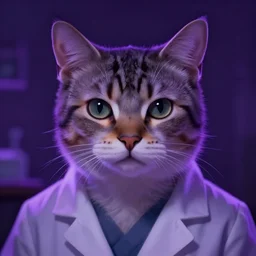 closeup portrait of a cat scientist. purple lighting. dark fantasy, digital painting, hd, 4 k, detailed.