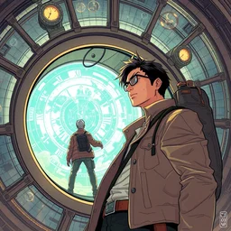 man travels through time via steampunk portals, pixiv fanbox, cinematic light, anime style, graphic novel by fiona staples and dustin nguyen, peter elson, alan bean, wangechi mutu, clean cel shaded vector art, trending on artstation