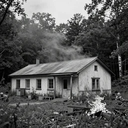 old lost footage in black and white of a sanatorium in a beautiful forest overgrown and burning,hyper realistic 8K HD real life photo