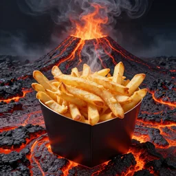 poutine from mount doom, lava texture, fire texture, volcano texture, smoke texture, char texture