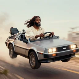 african jesus jesus driving a flying delorean in the air,
