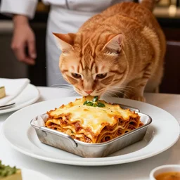 a photograph of a fat orange cat eating lasagna, cooked to perfection, chefs table, netflix, gourmet, three michelin star