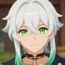 white - haired young guy with green eyes, face anime portrait, genshin impact, very close shot, high barrel distortion