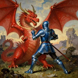 knight in blue armor, fighting a large red dragon, by n. c. wyeth, high detail,