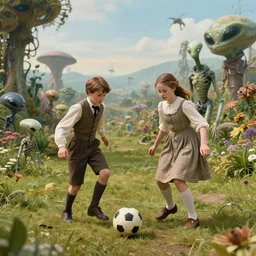 still from a sci fi blockbuster movie made in 2022, set in 1860, a boy and a girl are playing soccer with an humanoid alien,the  boy and girl are wearing 1850s era clothes, in a park on a strange alien planet full of alien plants and flowers, good lighting, 8k, in focus faces, good photography