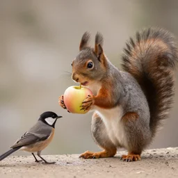 Photo of a squirrel giving an apple to a bird