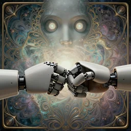 closeup robot fist bump, robot hands in fist form, muted colors, benevolent, nebula background, glowing eyes, detailed realistic. fists bumping. art nouveau, visionary, baroque, giant fractal details. vertical symmetry by zdzisław beksinski, highly detailed, realistic