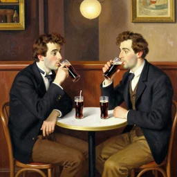 2 hip guys in modern garb drinking cokes at a round table in a bar by toulouse lautrec