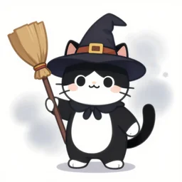a black and white cat wearing a witches hat and holding a broom, a pastel character portrait by puru, featured on pixiv, furry art, unreal engine 5, flat shading, official art, vanitas, smokey background
