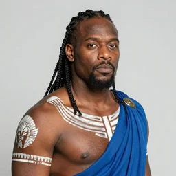 portrait of a brown - skinned atlantean, with white tattoos and blue clothes, by nikolay makovsky.