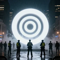 a lot of policemens protecting a huge spiral - shaped very bright luminous object right in the center of the city from protesting people, night, rain and light fog, professional lighting, concept art in 3 d, high detail, professional lighting