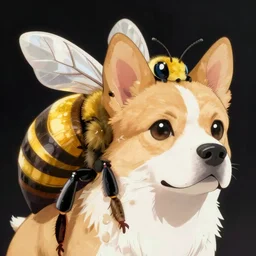 big bee with dogs head, hybrid bee and dog, bee dog, highly detailed, anime, artgerm, artstation, soft light, sharp focus, illustration, character design