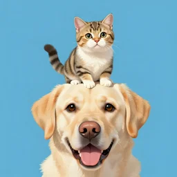 tiny cat riding a labrador, cat on top of dog, concept art, artstation, trending on Instagram, Twitter, face