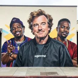 robin williams characters street art mural by sachin teng x supreme : 1 high contrast, hard edges, matte painting, geometric shapes, disney, masterpiece : 1