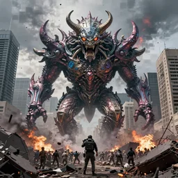 Ominous still of Gargantuan, Mastodonic, Inter-Dimensional Behemoth Entity Monster designed by Moebius, GANTZ, H.R. Giger at devastated Toronto downtown district, chaotic riots in 2022, Canon EOS R3, f/1.4, ISO 200, 1/160s, 8K, RAW, unedited, symmetrical balance, in-frame, documentary photography, colorful