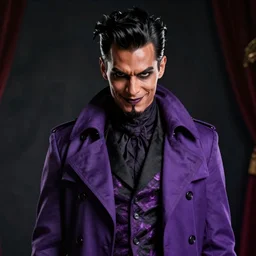 portrait, a slender ringleader with tan skin, wearing purple and black ringleader attire, well dressed purple ringleader trenchcoat, nefarious smirk, black hair, trickster, goatee, ringleader of the twilight circus, style by donato giancola, wayne reynolds, jeff easley dramatic light, high detail, cinematic lighting, artstation, dungeons and dragons