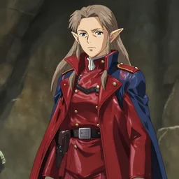 portrait of a beautiful aging elf with long light brown greying hair, thin long ears, her face is dour and authoritative, she is wearing a leather military uniform, long overcoat with reds and blues, by tetsuya nomura.