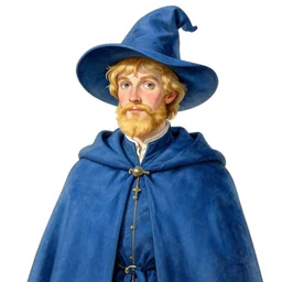 A young wizard with blonde hair and blond beard wearing a lustrous blue robe and a tall hat, illustration by Arthur Rackham