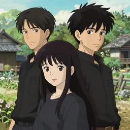 beautiful anime girl with long black hair and bangs, two beautiful anime guys with black hair, wearing black clothes, siblings, fine details portrait, Japanese village background, bokeh. anime masterpiece by Studio Ghibli. illustration, sharp high-quality anime illustration in style of Ghibli, Ilya Kuvshinov, Artgerm