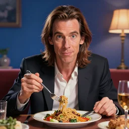 cartoonish nick cave eating dinner, vivid colors, character sheet, fine details, concept design, contrast, kim jung gi, greg rutkowski, trending on artstation, 8 k, full body, turnaround, front view, back view, ultra wide angle
