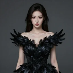 hight focus of a wonderful hyperrealistic focused sweet wonderful symmetrical mid portrait of a lonely beautiful woman, her dress only is like a realistic black raven plumes, image in center, dramatic light, octane render - 8 k