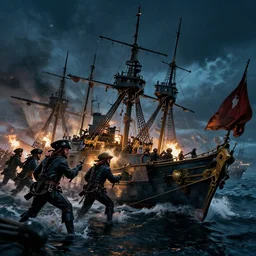 epic naval battle fought between pirates and the royal navy at night, high definition, high detail, art, cinematic,