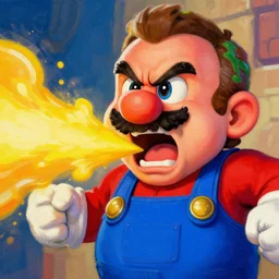 saul goodman in super mario 64  saul goodman angry, screaming, red face, spit flying from mouth, stylistic painting by 'phil hale'!!!! high quality hd