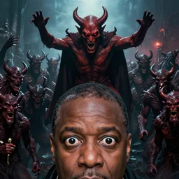 joel osteen with deep black eyes wide open as the devil lording over his army of demons, greg rutkowski, trending on artstation, 8 k