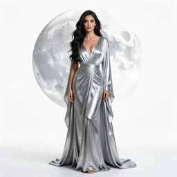 mysterious moon goddess in silver robes, studio photography, full body, standing, isolated on a pure white background, centered, whole figure in frame, sharp focus, studio lighting