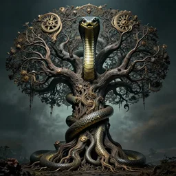 a giant snake around the tree of life, high detail, 8k, ornate, dark fantasy, maximalist, realistic, masterpiece, complex, WLOP, film still from the movie directed by Denis Villeneuve with art direction by Salvador Dalí