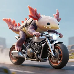 giant axolotl riding a futuristic motorcycle, highly detailed, photograph