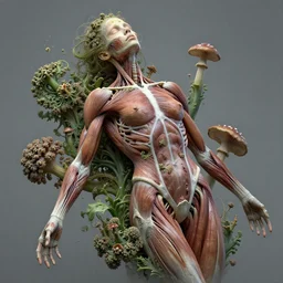a beautiful detailed photo of a rotten woman corpse morphing into fractal plants and fractal flowers and mushrooms, muscles, veins, anatomical, intricate, ornate, volumetric light, beautiful lit, romero ressendi