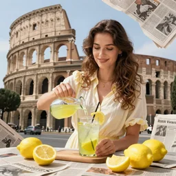 a woman making lemonade in front of the colosseum, newspaper collage