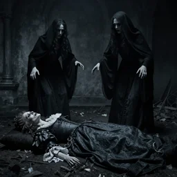 dead French queen laying down 1700s, two ghostly figures rising from her corpse, haunting, scary