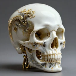complex 3 d render of a beautiful porcelain skull. white gold and black, fractal veins. dragon cyborg, 1 5 0 mm, beautiful natural soft light, rim light, gold fractal details, fine lace, mandelbot fractal, anatomical, glass, facial muscles, elegant, ultra detailed, metallic armor, octane render, depth of field
